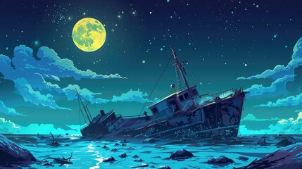 Abandoned vintage ship in the sea Dilapidated water transportation and maritime landscape on a calm full moon night - obrazy, fototapety, plakaty