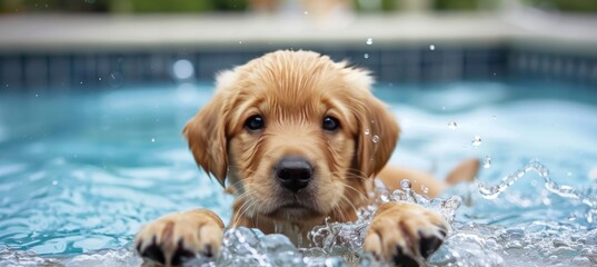 Energetic labrador retriever pup joyfully splashing in water, enjoying family playtime - obrazy, fototapety, plakaty