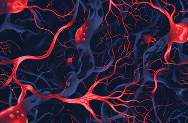 Dark background with red and blue blood vessels Neurons and synapses network in the human brain tissue