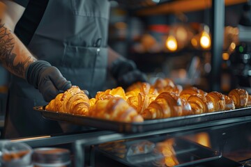 A baker wearing oven mitts, holding a tray of freshly baked croissants on the counter in his bakery, ready to be served for customers - obrazy, fototapety, plakaty