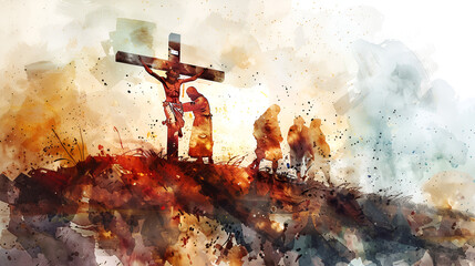 Jesus takes up his Cross. Digital watercolor painting, generative ai