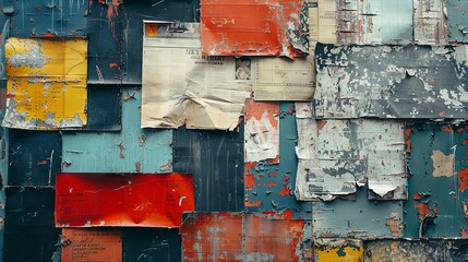 Vivid collage of torn posters on a city wall tells a story - obrazy, fototapety, plakaty