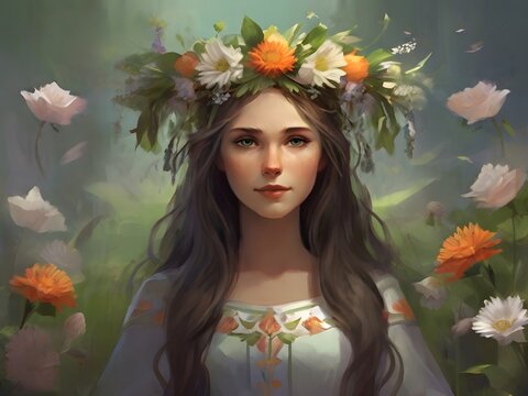 Beautiful girl in a wreath of wildflowers, Fantasy