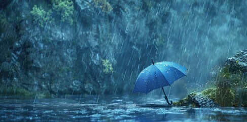 Solitude in Rainy Wilderness, blue umbrella stands alone amidst a tranquil scene of rain falling in a lush forest, conveying solitude and serenity