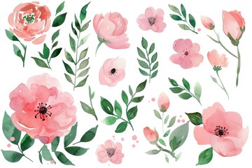 Charming watercolor clipart showcasing bunches of pink blooms and leaves, ready for crafting on a pristine white canvas - obrazy, fototapety, plakaty