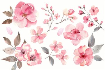 Charming watercolor clipart showcasing bunches of pink blooms and leaves, ready for crafting on a pristine white canvas - obrazy, fototapety, plakaty