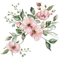 Foto op Aluminium Elegant clipart of blooming pink flowers and green foliage in watercolor, set against a pure white backdrop for bespoke projects © Pungu x