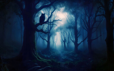 Mysterious night forest illuminated by moonlight with owl sitting on tree
