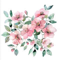 Elegant clipart of blooming pink flowers and green foliage in watercolor, set against a pure white backdrop for bespoke projects - obrazy, fototapety, plakaty