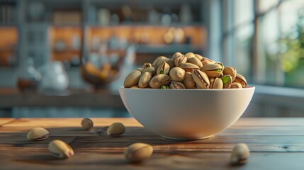 Sunlit Bowl of Pistachios on Wooden Table, vibrant composition capturing a white bowl brimming with pistachios, bathed in natural sunlight, set on a rustic wooden table, inviting a sense of healthy  - Powered by Adobe