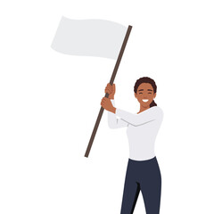 Woman with white flag template, advertising concept. Young smiling business woman girl holding white flag. Flat vector illustration isolated on white background