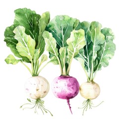 Handpainted watercolor clipart of turnips with their leafy greens, collard greens, and endive, elegantly presented on a white background for projects
