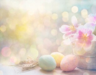 Pastel watercolour background with traditional Easter symbols. Colorful easter eggs, springtime flowers, bokeh, copyspace. 

