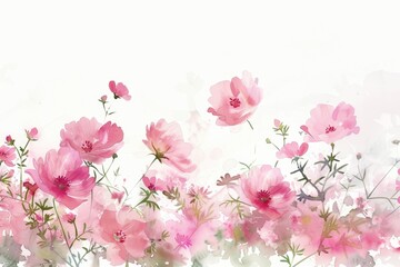 Organic portrayal of pink flowers and foliage in watercolor, highlighting natural beauty against a white backdrop for digital designs
