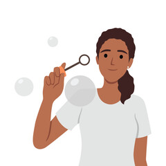 Having fun, leisure concept. Positive young pretty girl standing playing with air bubbles blowing air bubble toy like little child, having fun. Flat vector illustration isolated on white background