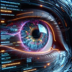 A close-up view of a robotic eye with intricate details and glowing neon lights