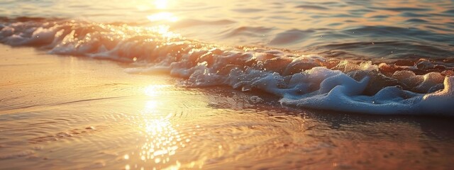 The soft glow of sunrise over a calm ocean, waves gently lapping at the shore. - obrazy, fototapety, plakaty