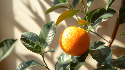 An orange is growing on a tree surrounded by green leaves. The tree is in front of a white wall.
