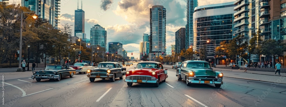 Wall mural Vintage car rally with electric remakes of classic models from the 50s and 60s driving through a modern city.