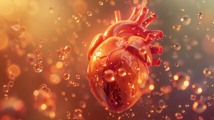3D animated heart with glowing oxygen bubbles, dynamic camera, warm ambient light - obrazy, fototapety, plakaty