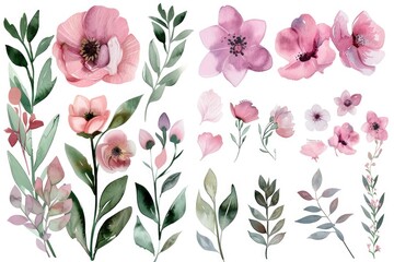 Vibrant watercolor set featuring soft pink flowers alongside greenery, isolated on white for serene digital designs - obrazy, fototapety, plakaty
