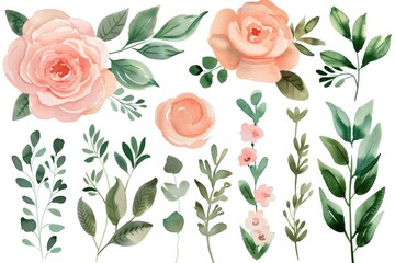 Vibrant watercolor set featuring soft pink flowers alongside greenery, isolated on white for serene digital designs