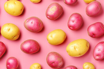 Fototapeta na wymiar Fresh potatoes seamless pattern on a pink background. Concept ornament for advertising, harvest, store, wallpaper and print