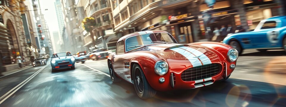 Vintage car rally with electric remakes of classic models from the 50s and 60s driving through a modern city.