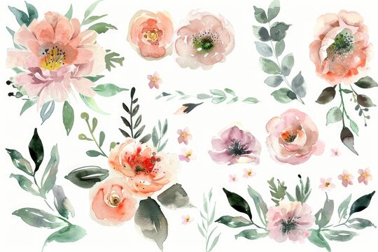 Vibrant watercolor set featuring soft pink flowers alongside greenery, isolated on white for serene digital designs