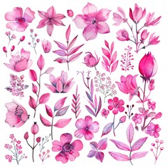 Array of pink watercolor flowers with detailed foliage, offering a burst of color and life on a white background for crafting purposes