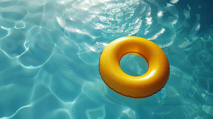 Photo of yellow swimming circle lying in the pool. Summer vacation and rest concept