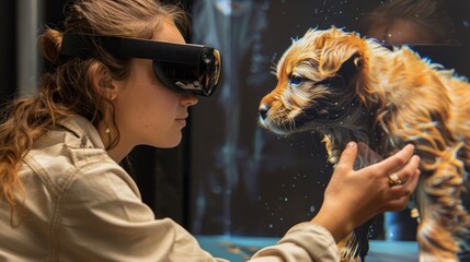 Fototapeta na wymiar A young woman engages with a virtual representation of her pet dog through advanced augmented reality, blurring the lines between technology and animal companionship.