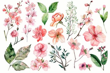 Artistic watercolor collection of various pink florals and fresh foliage, elegantly presented on a white canvas for digital crafting