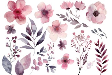 Artistic watercolor collection of various pink florals and fresh foliage, elegantly presented on a white canvas for digital crafting - obrazy, fototapety, plakaty