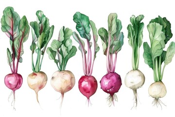 Artistic watercolor set featuring a variety of turnips with collard greens and endive, perfectly isolated on white for crafting projects