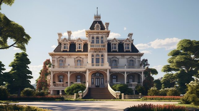 A photo of a Serene Mansion against a Clear Sky
