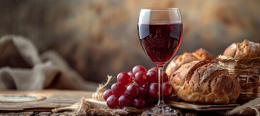 Holy Communion of the Christian faith of wine and unleavened bread - obrazy, fototapety, plakaty