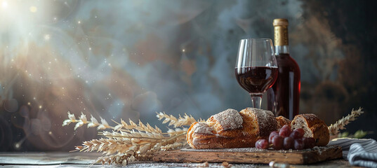 Holy Communion of the Christian faith of wine and unleavened bread - obrazy, fototapety, plakaty