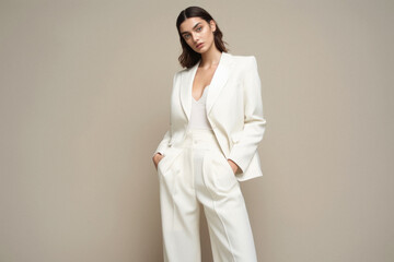 Portrait of a beautiful young brunette woman in a white suit