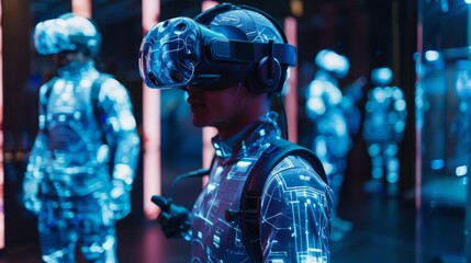 Individual engaged in a virtual reality experience with holographic projections and a VR headset in a neon-lit space, suggesting an advanced digital era.