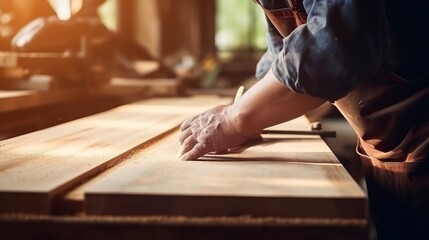 Hand carpenter working with blueprint on wooden table in carpentry shop - obrazy, fototapety, plakaty