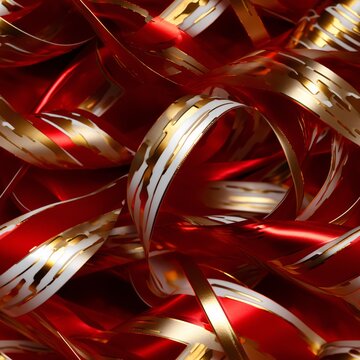 Shimmering gold and silver ribbons on red velvet
