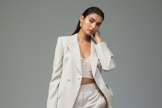 Beautiful young woman in a white jacket on a gray background .