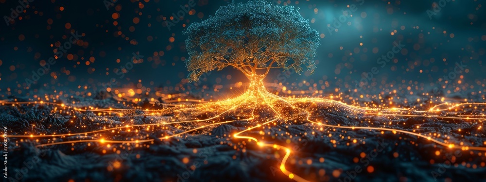 Wall mural visual metaphor of a digital tree with roots shaped like a network, showing the organic growth of cy