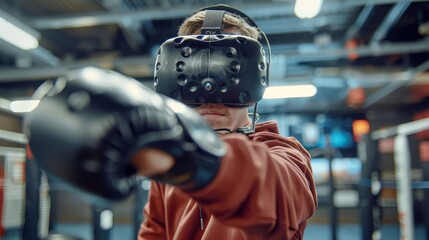 Focused male athlete throwing a punch while training with a virtual reality boxing simulator in a gym.