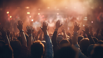 Crowd at a concert - close up of hands raised at a music festival - obrazy, fototapety, plakaty