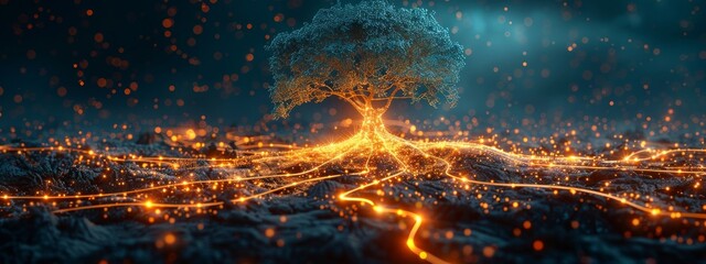 Visual metaphor of a digital tree with roots shaped like a network, showing the organic growth of cybersecurity measures.
