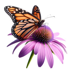 3D of A butterfly is sitting on a purple flower, isolated on a transparent background.