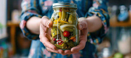 Man holding a jar of pickled vegetables