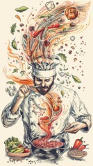 A whimsical doodle showcasing a senior chef cooking healthy dishes.